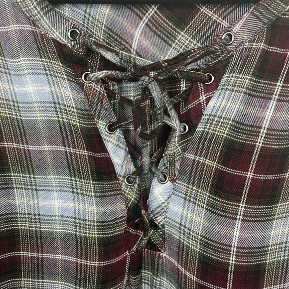 Motherhood Maternity Plaid Tunic Roll Tap Sleeves V cross string tie Size Large - Picture 5 of 10